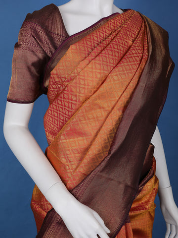 Orange Floral Woven Pure Kanchipuram Silk Saree - Diadem