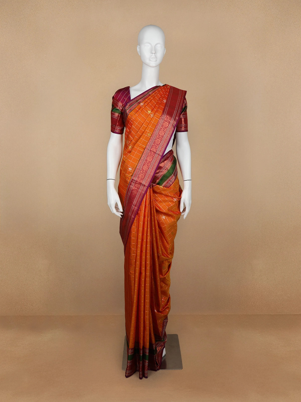 Orange Floral and Checks Woven Pure Kanchipuram Silk Saree - Diadem