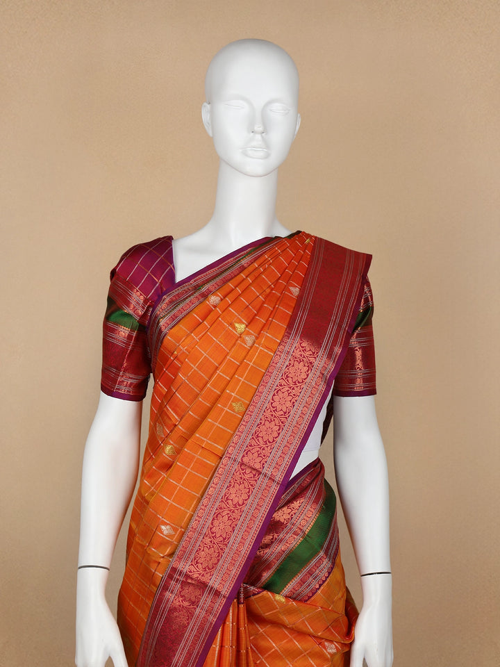 Orange Floral and Checks Woven Pure Kanchipuram Silk Saree - Diadem