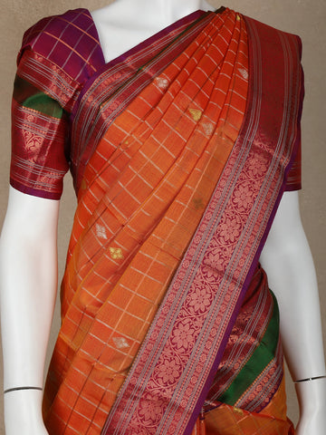 Orange Floral and Checks Woven Pure Kanchipuram Silk Saree - Diadem