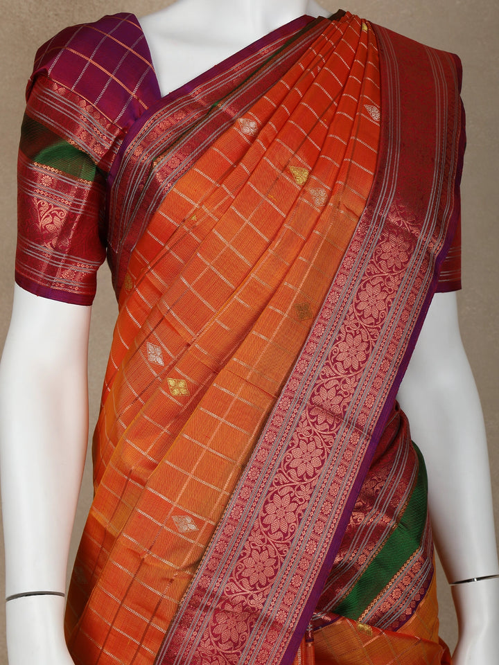 Orange Floral and Checks Woven Pure Kanchipuram Silk Saree - Diadem