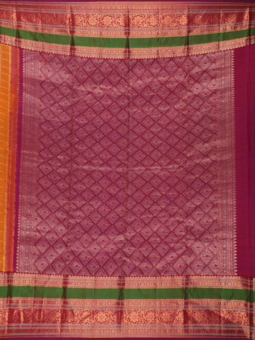 Orange Floral and Checks Woven Pure Kanchipuram Silk Saree - Diadem