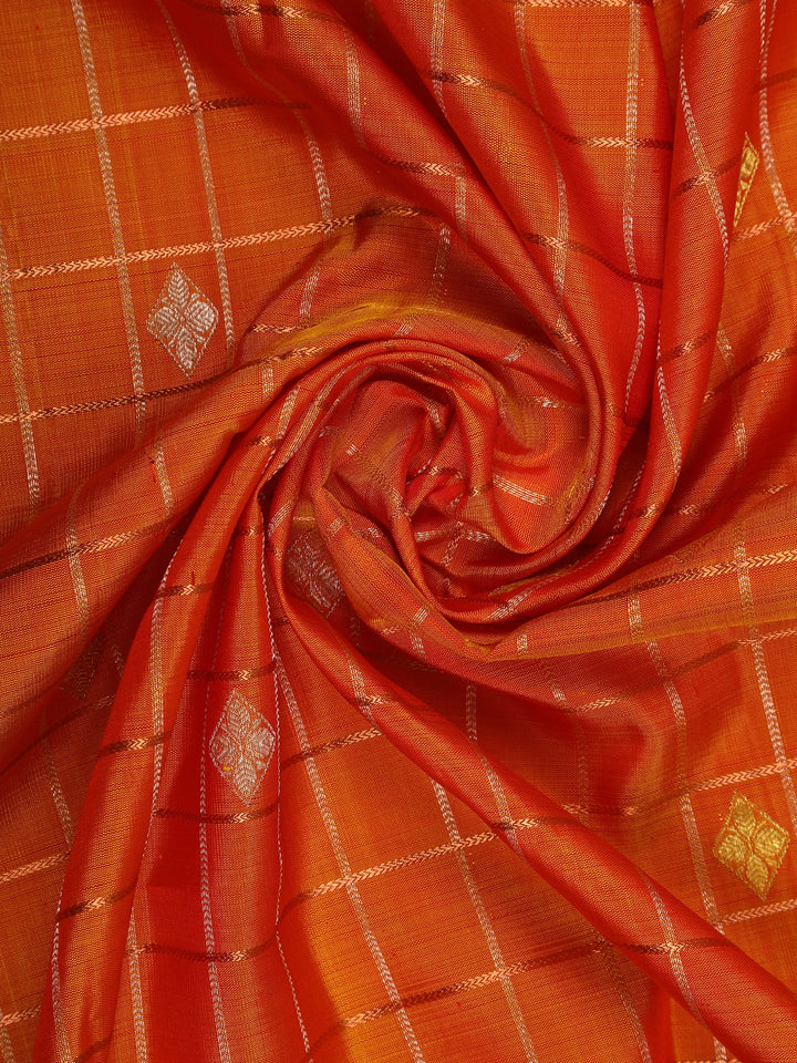 Orange Floral and Checks Woven Pure Kanchipuram Silk Saree - Diadem