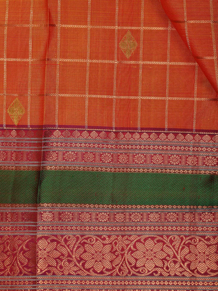 Orange Floral and Checks Woven Pure Kanchipuram Silk Saree - Diadem