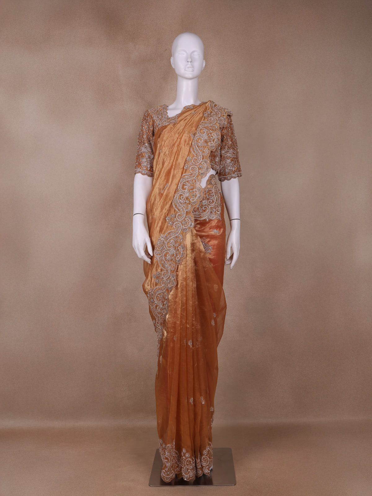 Orange Floral and Paisley Designed Tissue Organza Saree - Diadem