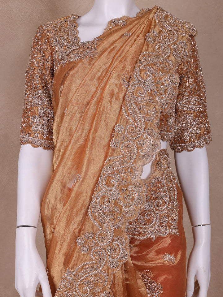 Orange Floral and Paisley Designed Tissue Organza Saree - Diadem