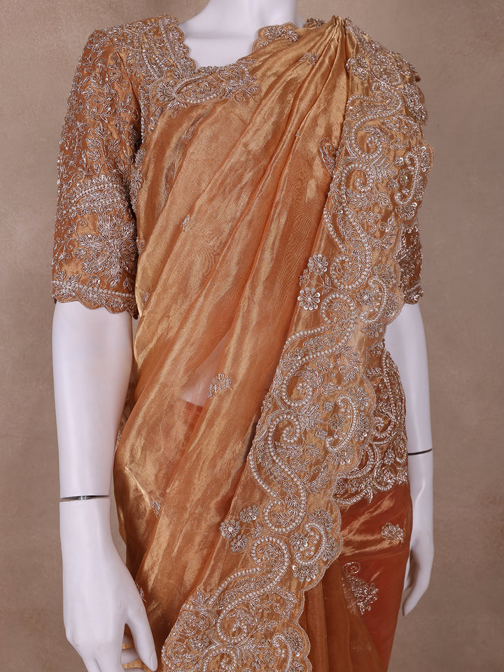 Orange Floral and Paisley Designed Tissue Organza Saree - Diadem