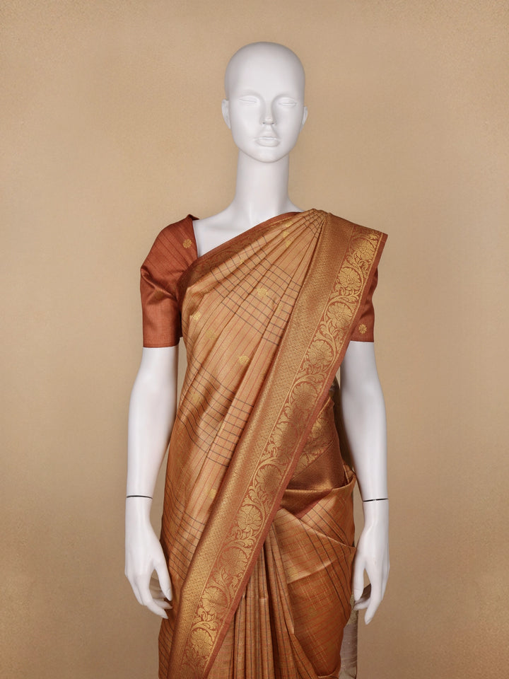 Orange Floral and Stripes Designed Semi Tussar Saree - Diadem