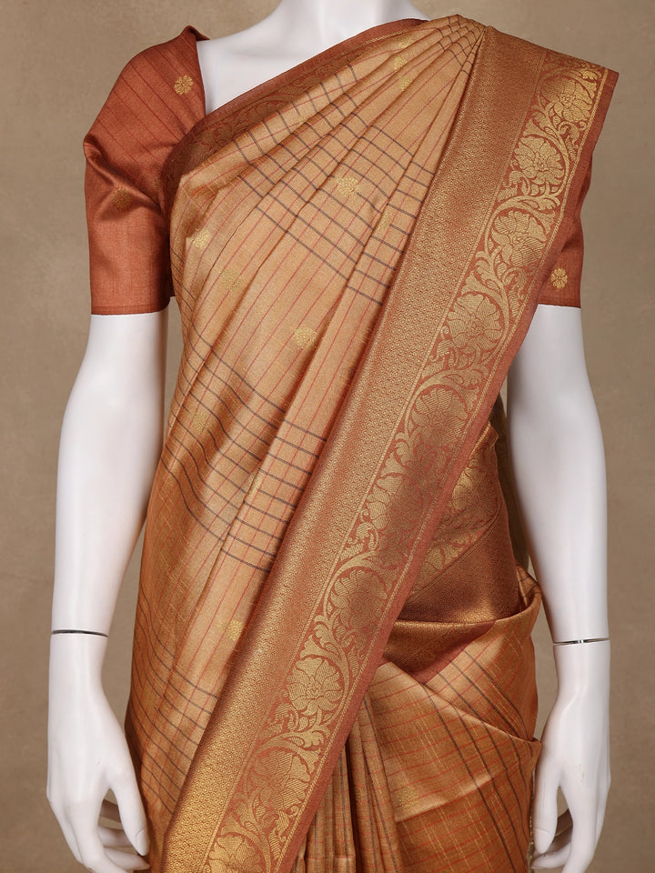 Orange Floral and Stripes Designed Semi Tussar Saree - Diadem