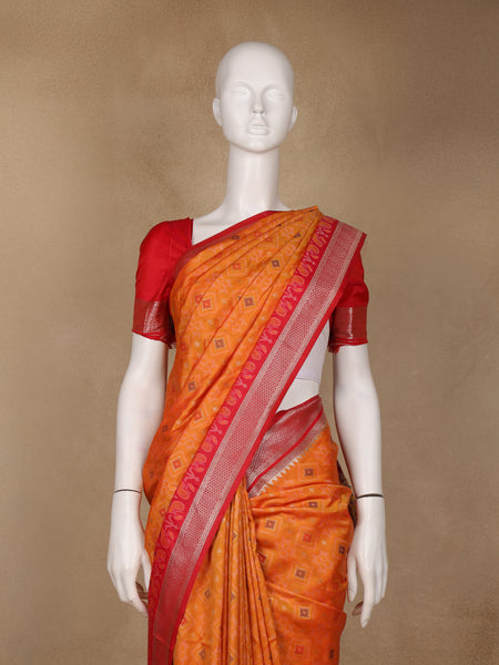 Orange Geometric Motif pattern Silk Saree - Diadem