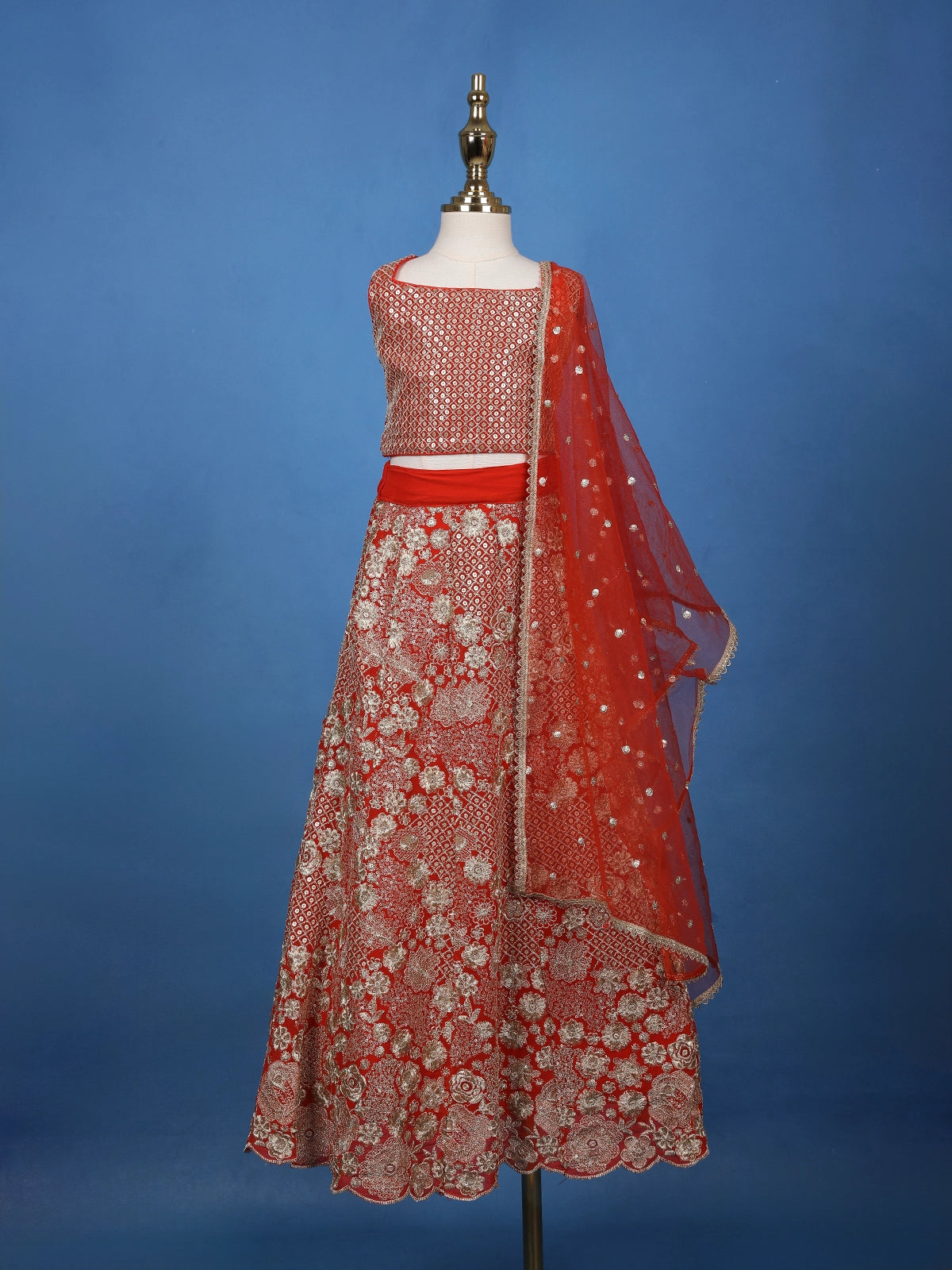 Orange Floral Design Sequins Kids Lehenga