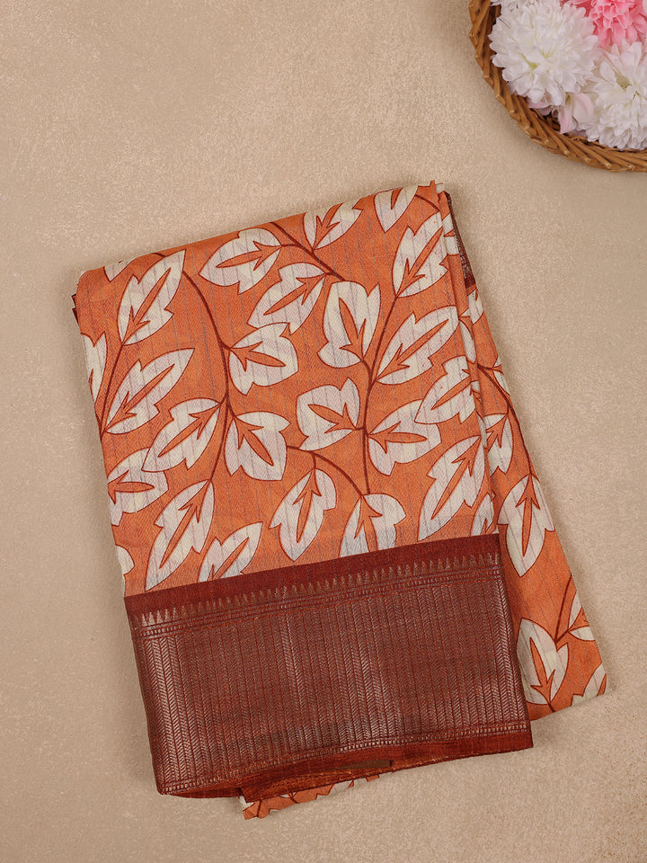 Orange Leaf Printed Fancy Cotton Saree - Diadem