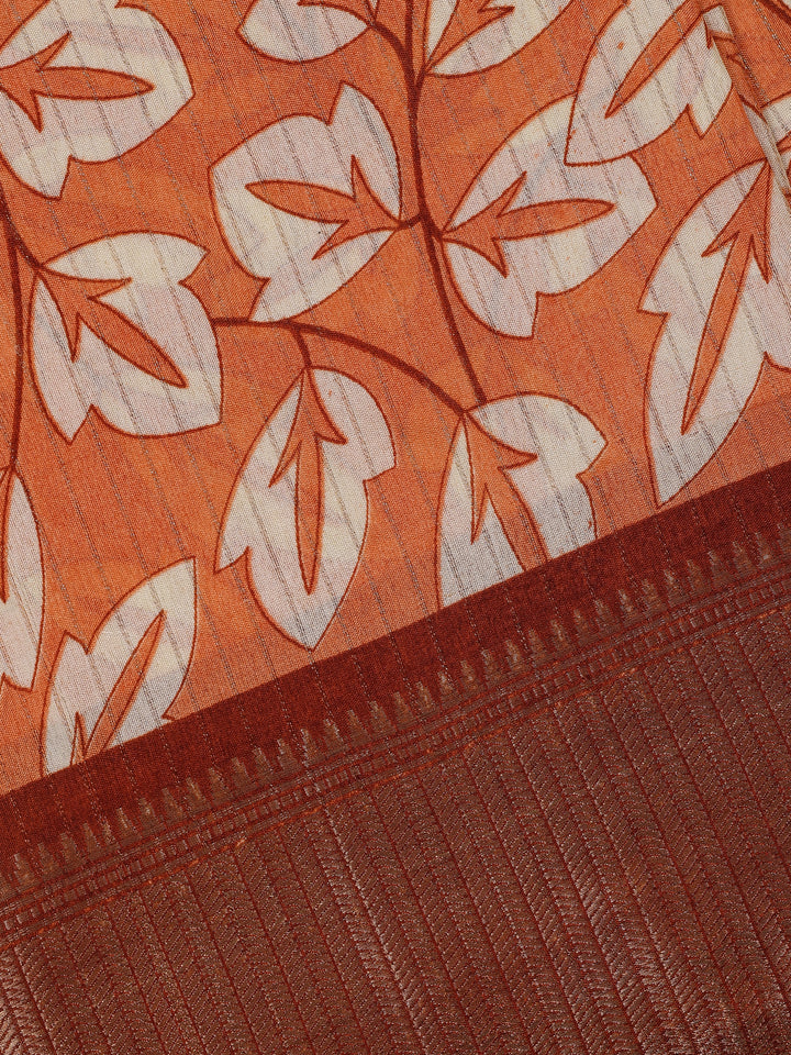 Orange Leaf Printed Fancy Cotton Saree - Diadem