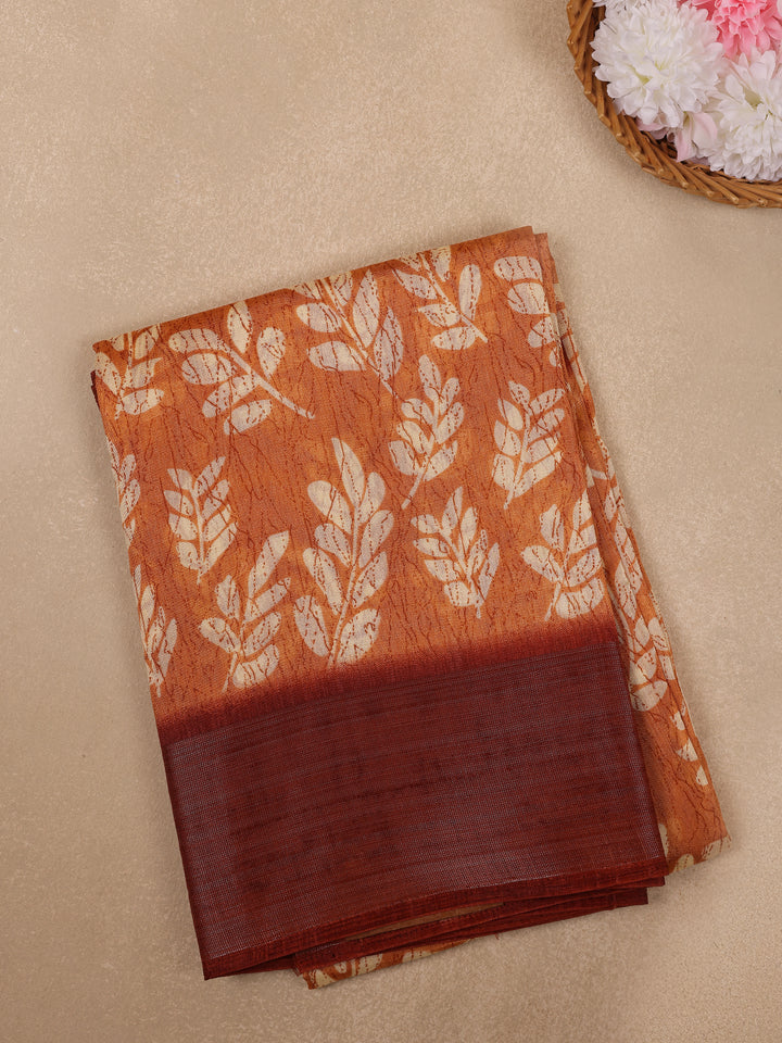 Orange Leaf Printed Fancy Cotton Saree - Diadem