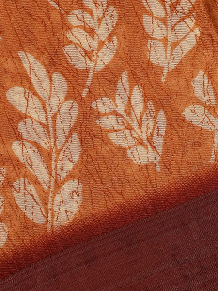 Orange Leaf Printed Fancy Cotton Saree - Diadem