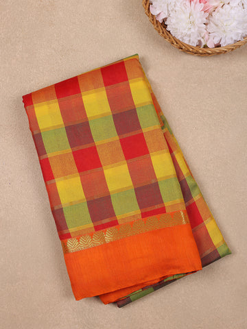 Orange Multicolor Checked Design Woven Semi Silk Fancy Saree - Diadem
