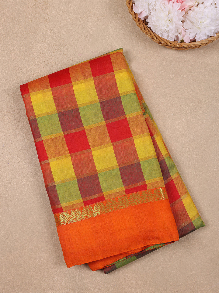 Orange Multicolor Checked Design Woven Semi Silk Fancy Saree - Diadem