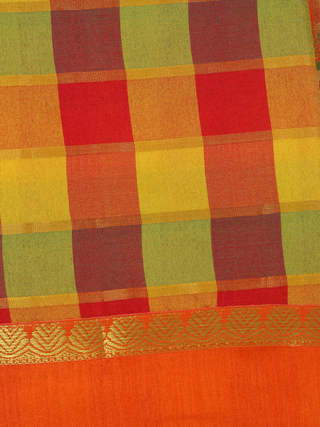 Orange Multicolor Checked Design Woven Semi Silk Fancy Saree - Diadem