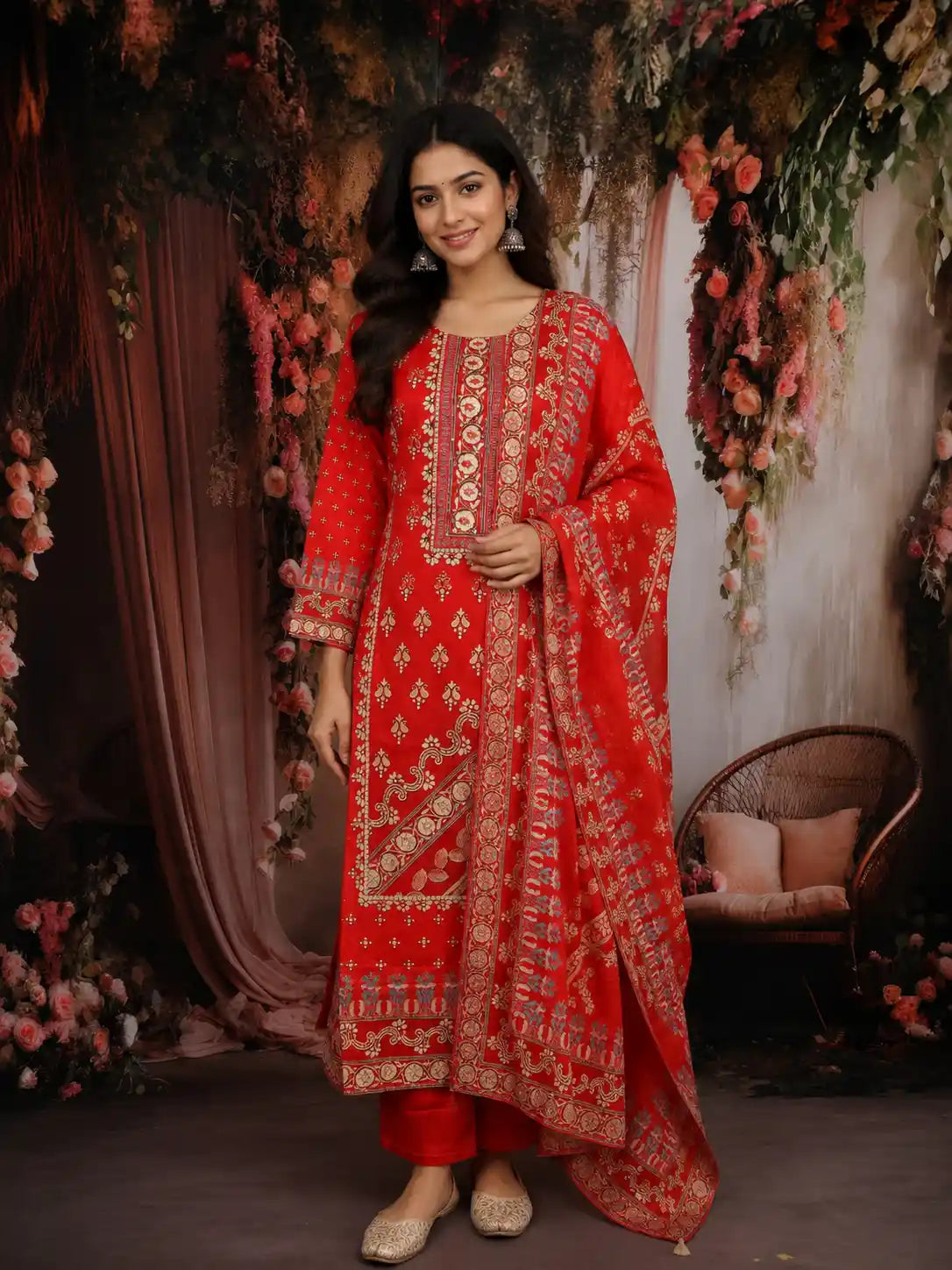 Orange Red Floral Printed Cotton Salwar Suit with Dupatta