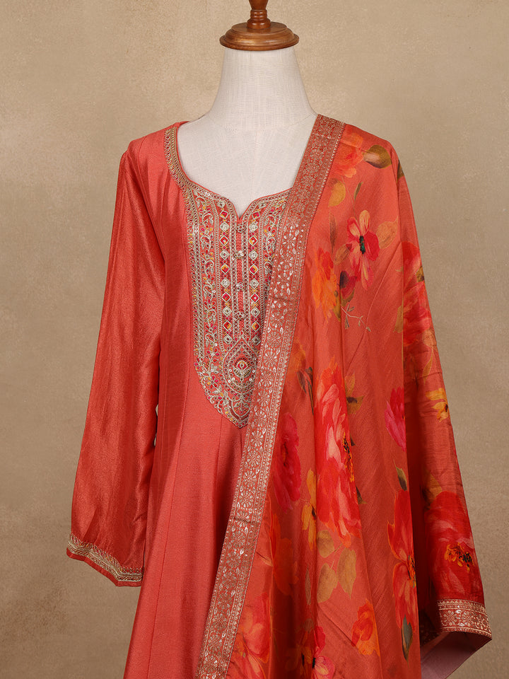 Orange Sequins Designed Floral Print Tussar Silk Salwar Suit - Diadem