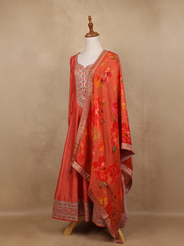 Orange Sequins Designed Floral Print Tussar Silk Salwar Suit - Diadem