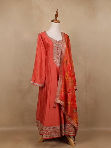 Orange Sequins Designed Floral Print Tussar Silk Salwar Suit - Diadem