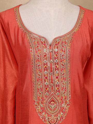 Orange Sequins Designed Floral Print Tussar Silk Salwar Suit - Diadem