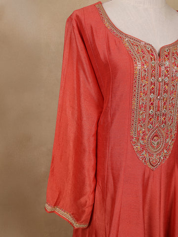 Orange Sequins Designed Floral Print Tussar Silk Salwar Suit - Diadem