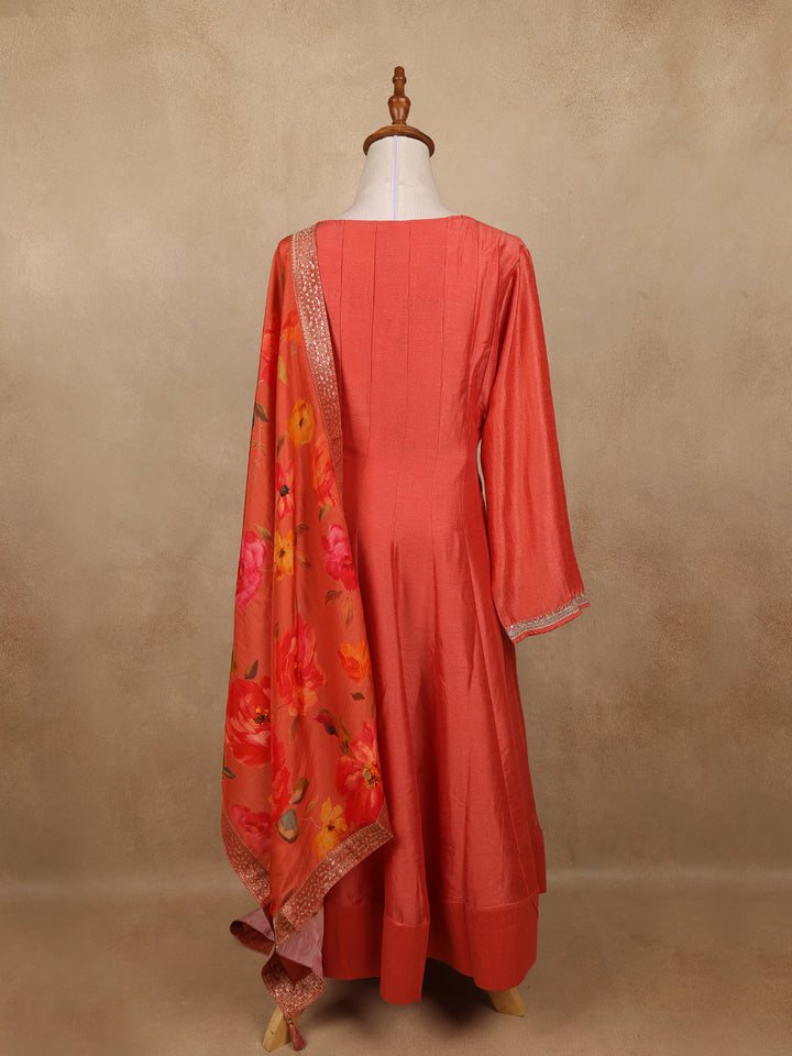 Orange Sequins Designed Floral Print Tussar Silk Salwar Suit - Diadem