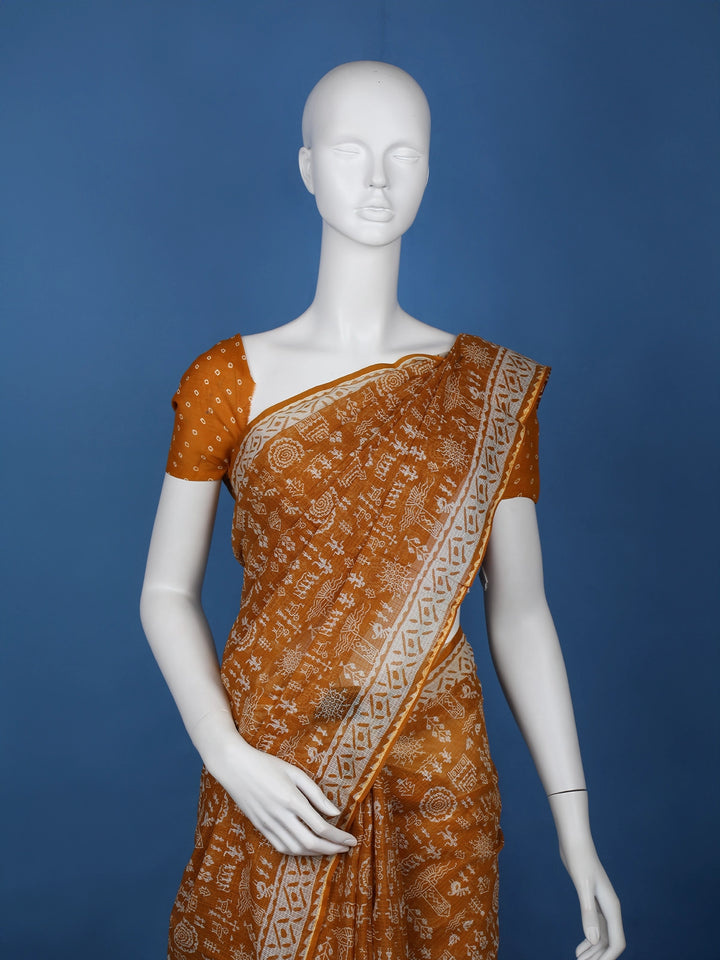 Orange Warli Designed Soft Silk Saree - Diadem