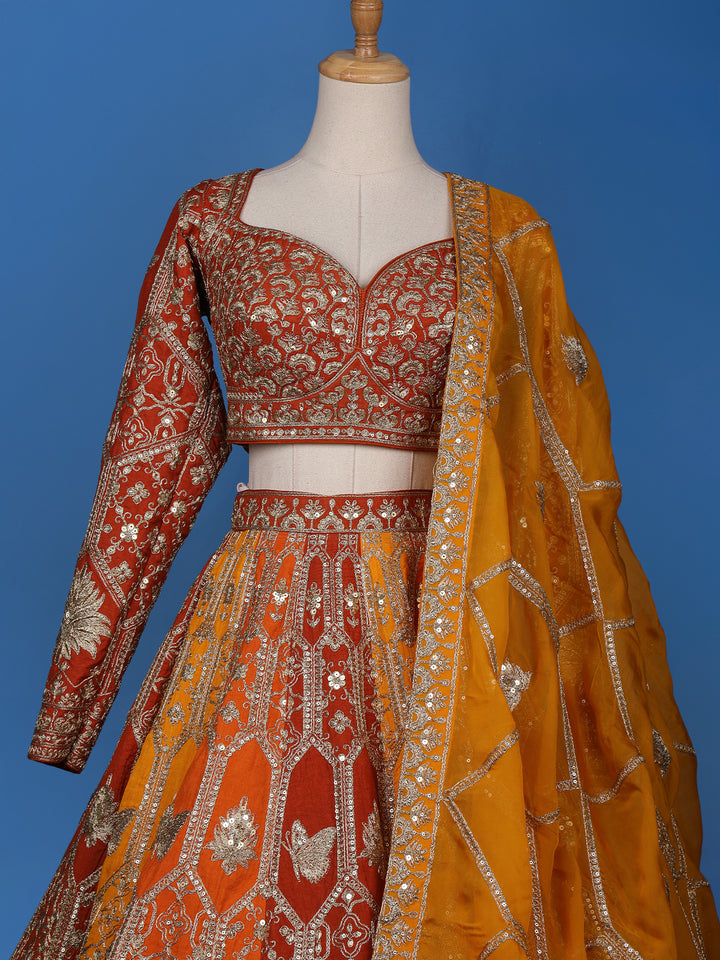 Orange and Red Floral Embroidered Semi Silk Lehenga for Brides - Diadem