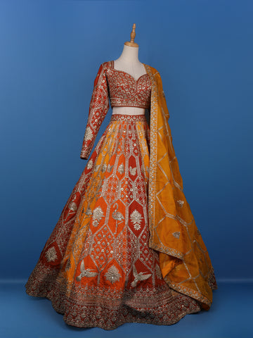 Orange and Red Floral Embroidered Semi Silk Lehenga for Brides - Diadem