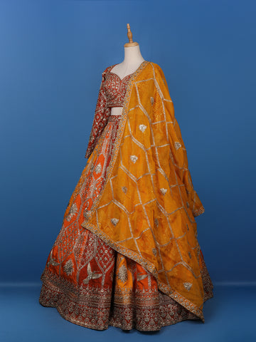 Orange and Red Floral Embroidered Semi Silk Lehenga for Brides - Diadem