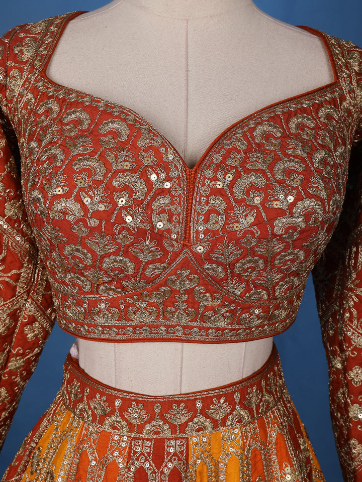 Orange and Red Floral Embroidered Semi Silk Lehenga for Brides - Diadem