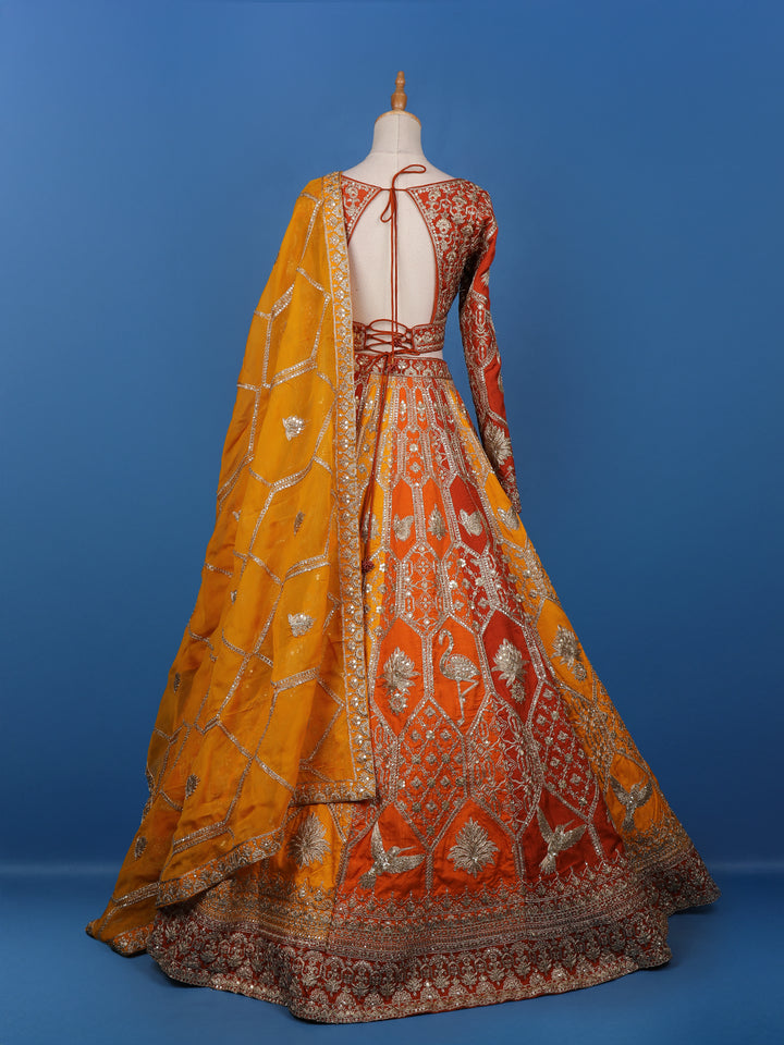 Orange and Red Floral Embroidered Semi Silk Lehenga for Brides - Diadem