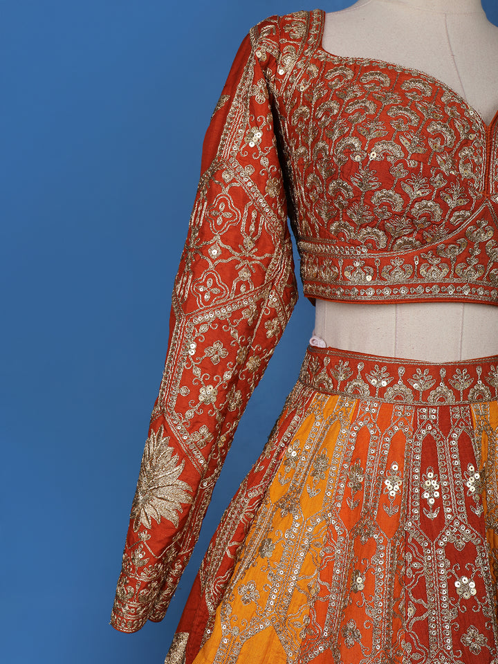 Orange and Red Floral Embroidered Semi Silk Lehenga for Brides - Diadem