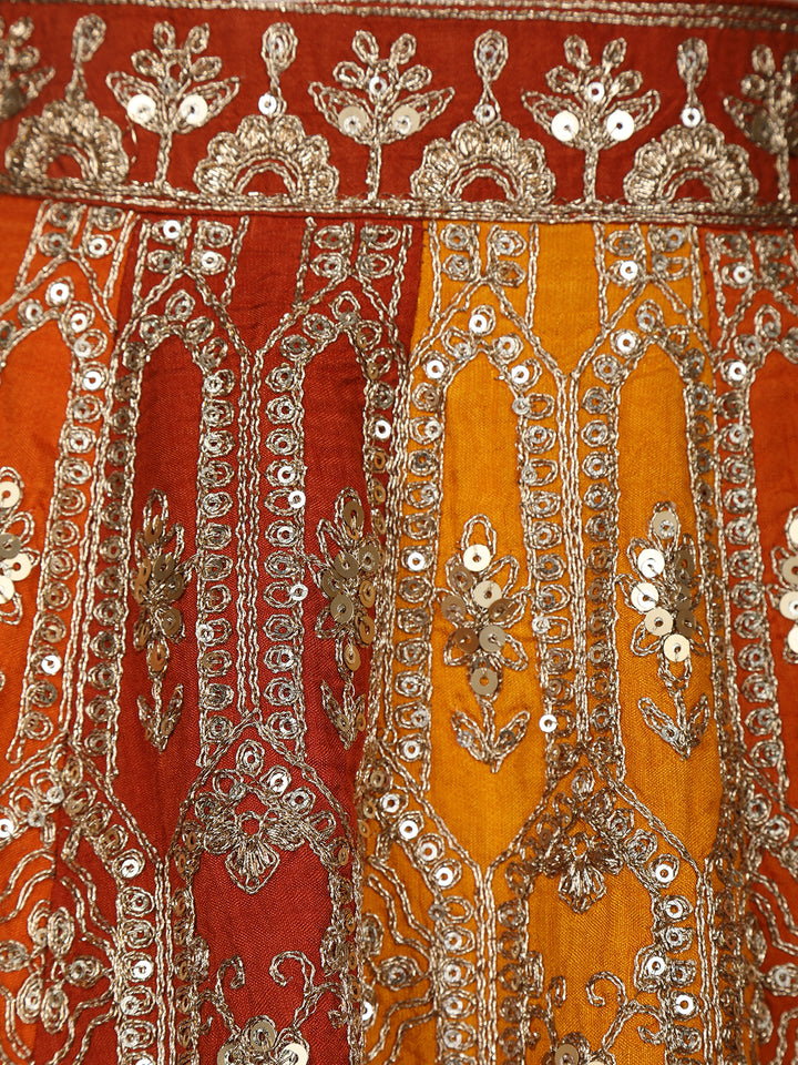 Orange and Red Floral Embroidered Semi Silk Lehenga for Brides - Diadem