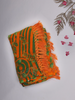 Orange and Green Leaf Printed Design Chiffon Saree with Stone Embellished Border