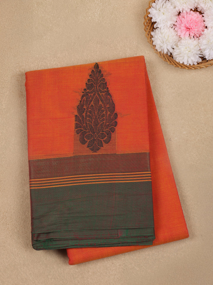Orange and Green Paisley Woven Cotton Saree - Diadem