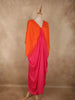 Orange with Pink Solid Design Satin Indo Western Kaftan Set with Front Gathered Pleats