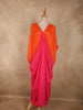 Orange with Pink Solid Design Satin Indo Western Kaftan Set with Front Gathered Pleats