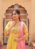 Yellow Floral Printed Cotton Salwar Suit with Pink Dupatta