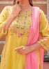 Yellow Floral Printed Cotton Salwar Suit with Pink Dupatta