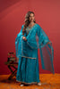 Teal Blue Floral Embroidered Silk Palazzo suit and Dupatta