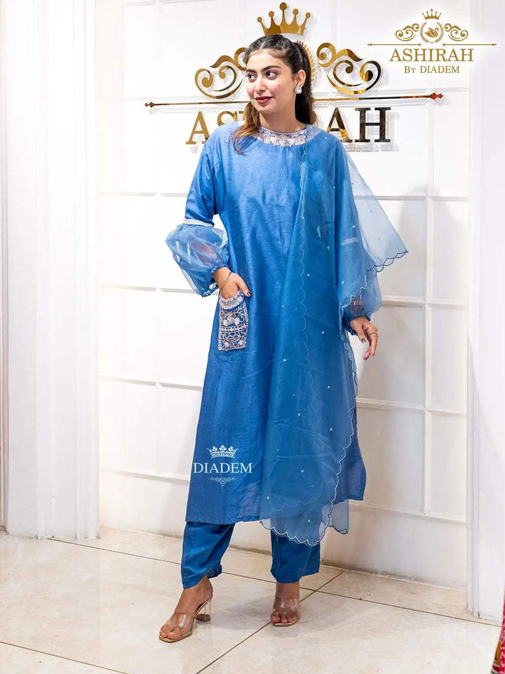 Blue Straight Cut Salwar Suit Enhanced with Sequins and Beads with Dupatta - Diadem