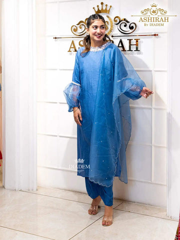 Blue Straight Cut Salwar Suit Enhanced with Sequins and Beads with Dupatta - Diadem