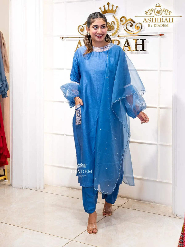 Blue Straight Cut Salwar Suit Enhanced with Sequins and Beads with Dupatta - Diadem