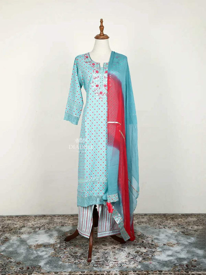 Light Blue Straight Cut Salwar Suit Adorned with Thread Work and Design Prints along with Dupatta - Diadem