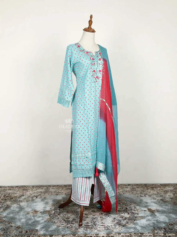 Light Blue Straight Cut Salwar Suit Adorned with Thread Work and Design Prints along with Dupatta - Diadem