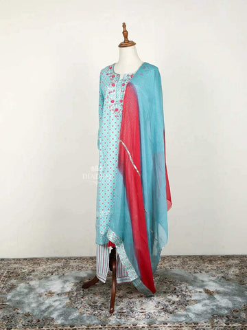 Light Blue Straight Cut Salwar Suit Adorned with Thread Work and Design Prints along with Dupatta - Diadem